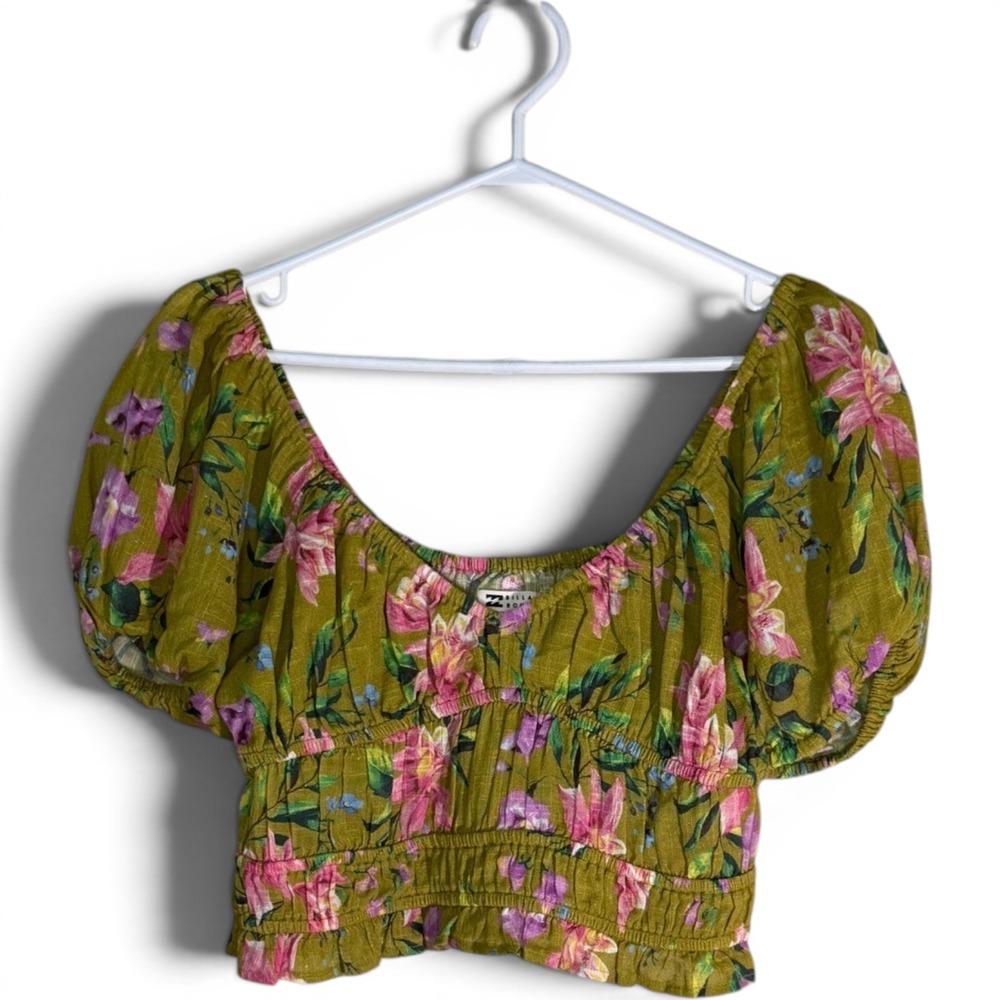Billabong Hippie Olive Green Floral Smocked Puff Sleeve Crop Top Large